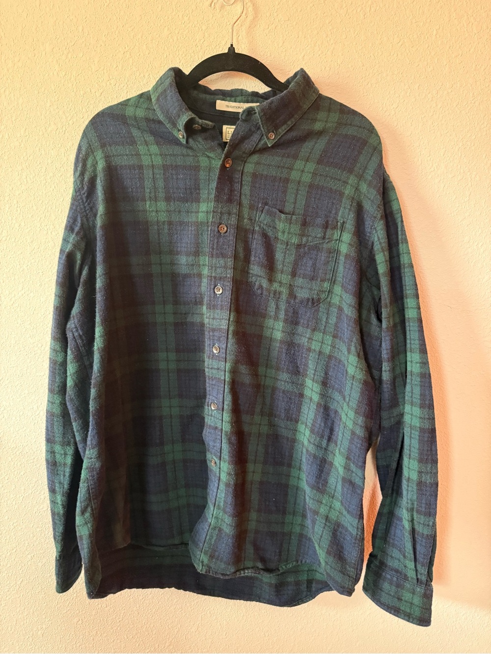 L.L.Bean Men’s Scotch Plaid Flannel Shirt Green Navy Traditional Fit Large